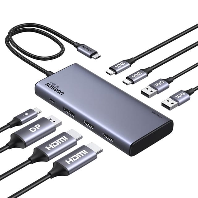 Ugreen Cm639 Usb-c-hub, 2x Hdmi, Dp, 2x Usb, 2x Usb-c 3.2 10 Gbit/s, Pd, 4k 60 Hz