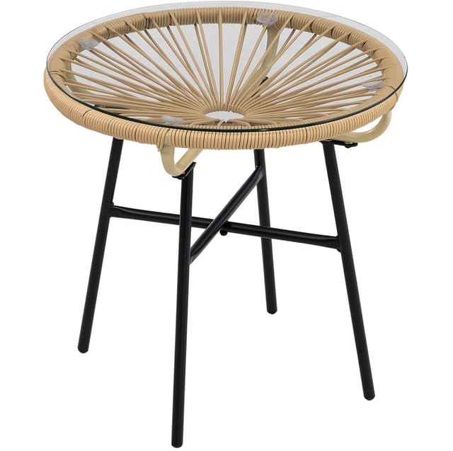 Runder Garten-beistelltisch Aus Pe-rattan Mit Hartglas, 50 X 50 X 50 Cm, Beige/schwarz