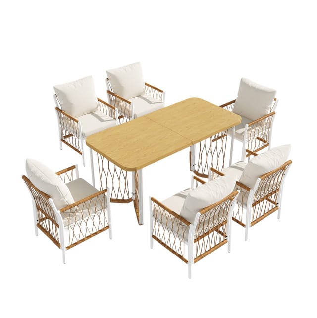 Homvra Gartenmöbel-set Mit Tisch Und 6 Stühlen Aus Eisen Und Polyrattan, Beige Kissen