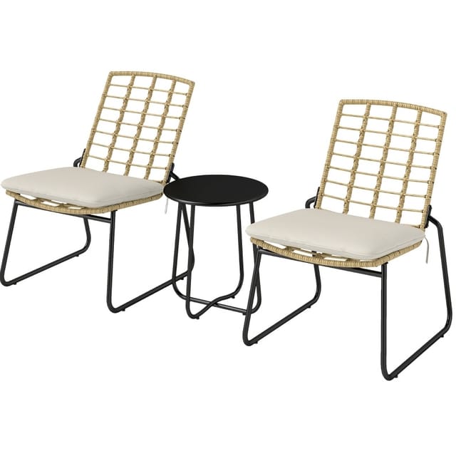 Beiges 3-teiliges Rattan-gartenmöbel-set Für 2 Personen Mit 2 Stapelbaren Stühlen Und Rundem Tisch