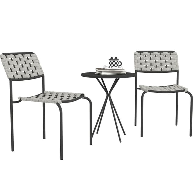 3-teiliges Gartenmöbel-set In Grauer Polyrattan-optik Mit 2 Stapelbaren Stühlen Und Rundem Tisch