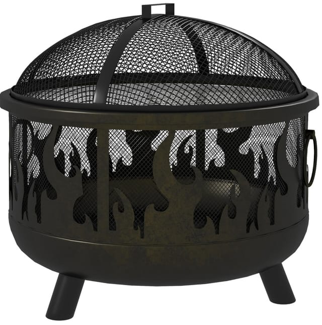 Homvra Feuerstelle Für Draußen Aus Schwarzem Metall Ø 61 Cm Mit Funkenschutz Und Schürhaken
