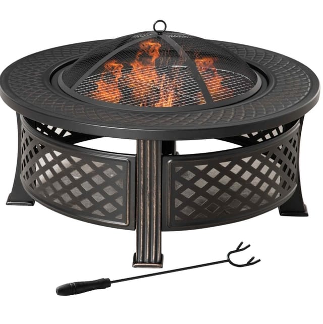 Feuerschale Aus Schwarzem Stahl Mit Grillrost, Funkenschutz Und Schürhaken, 81 X 81 X 50 Cm