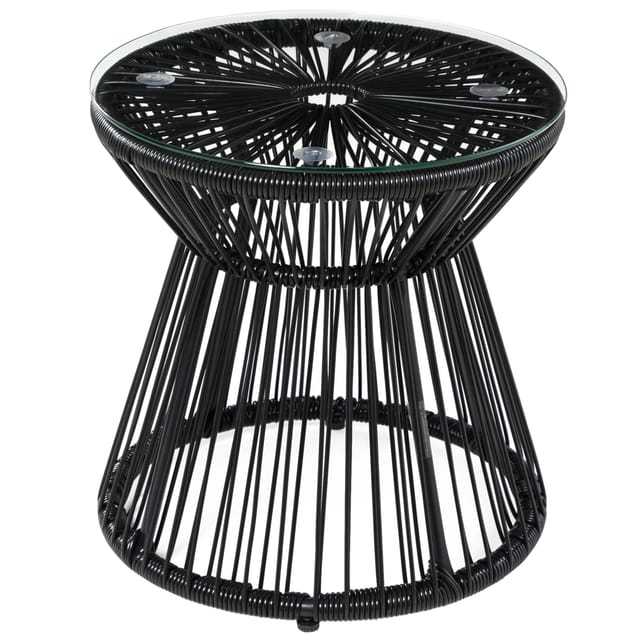Runder Gartentisch Aus Schwarzem Pe-rattan Mit Tischplatte Aus Gehärtetem Glas