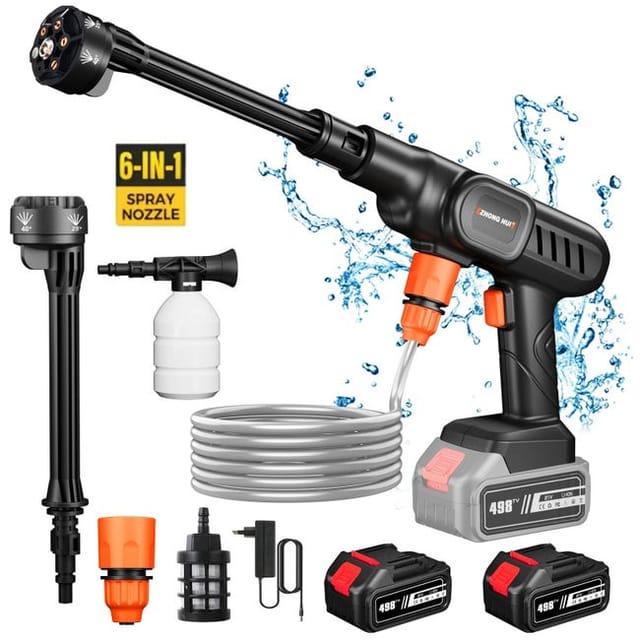6-in-1 Akku-hochdruckreiniger – 60 Bar, 10 L/min, 2 X 10000 Mah Akkus, Für Auto/garten (30.000 U/min)