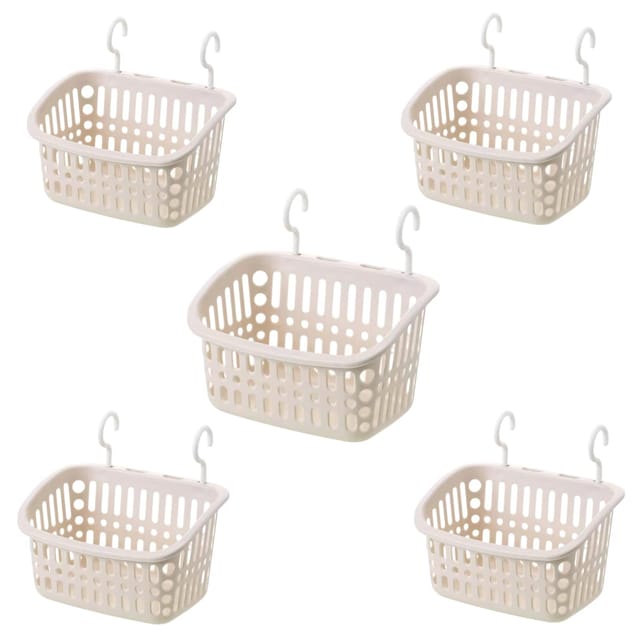 Set Mit 5 Hängenden Duschkörben Aus Kunststoff, Hängekorb-organizer Mit Haken, Kleiner Rechteckiger Hängekorb 27 Cm (beige)