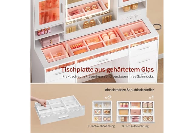 Woltu Schminktisch Mit Rgb- Und Led-beleuchtung, Steckdose, Frisiertisch Mit Transparenter Glasplatte, 9 Unterteilten Fächern, 9 Schubladen, Spiegel, 2 Schränken, Für Schlafzimmer, Weiß