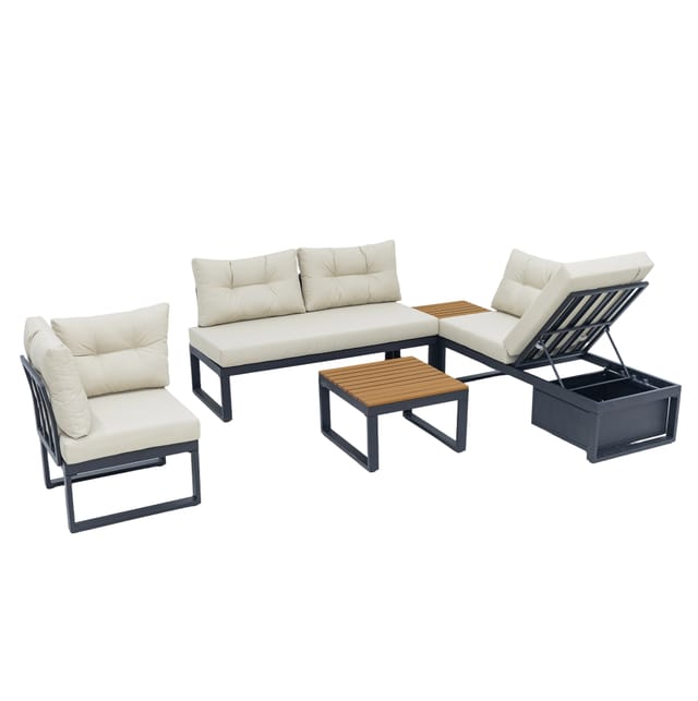 Modulares Garten-sofaset In Beige Mit Verstellbarer Rückenlehne, Stauraum Und Dicken Kissen