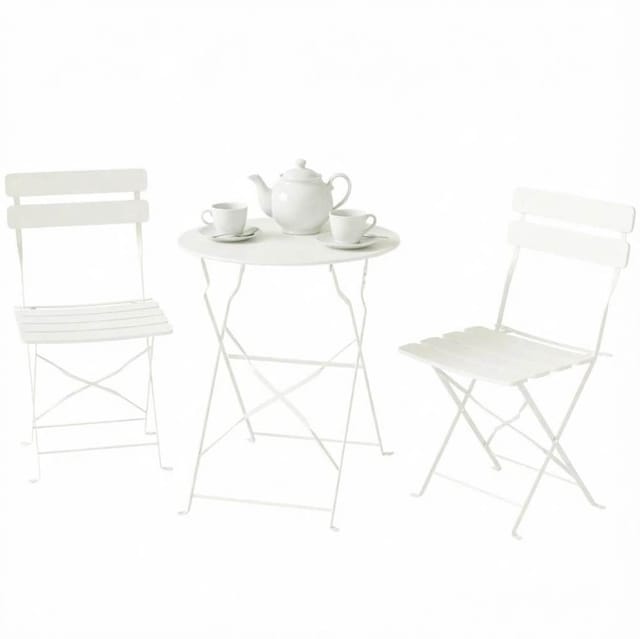 Klappbares Bistro-set Für Draußen: 1 Tisch Und 2 Stühle Aus Metall, Cremefarben