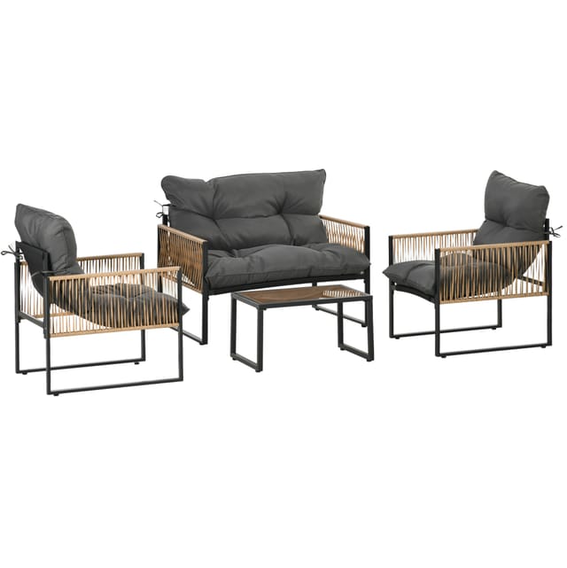4-teiliges Gartenmöbel-set Aus Polyrattan Mit Kissen Und Glastisch, Dunkelgrau