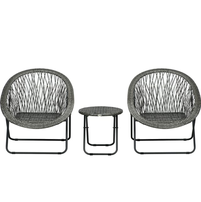 3-teiliges Klappbares Gartenmöbel-set, Grau, Runder Tisch Und 2 Stühle Aus Stahl Und Polyrattan