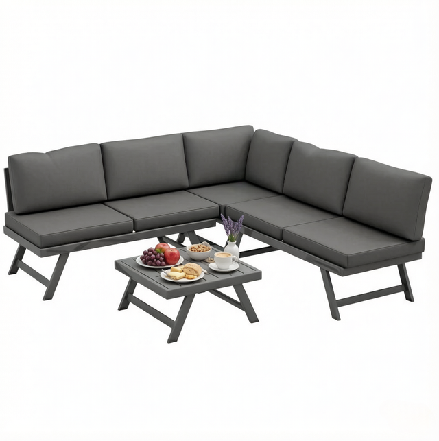 Graues 4-teiliges Eck-gartenmöbelset Mit Sofas, Ecksessel Und Couchtisch