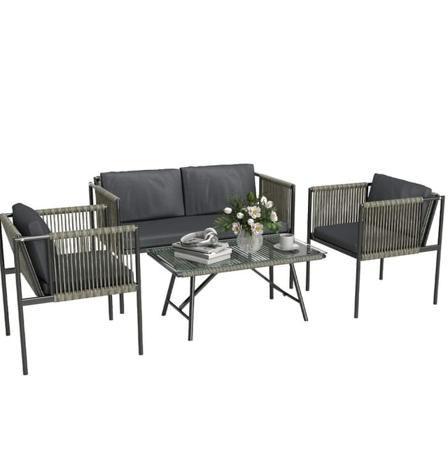 4-teiliges Gartenmöbel-set Aus Grauem Rattan Mit 2-sitzer-sofa, 2 Sesseln, Glastisch Und Kissen