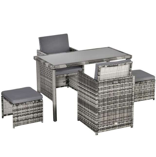 5-teiliges Gartenmöbel-set Aus Polyrattan Mit Kissen, Grau, Tisch Mit Sicherheitsglas, Homvra