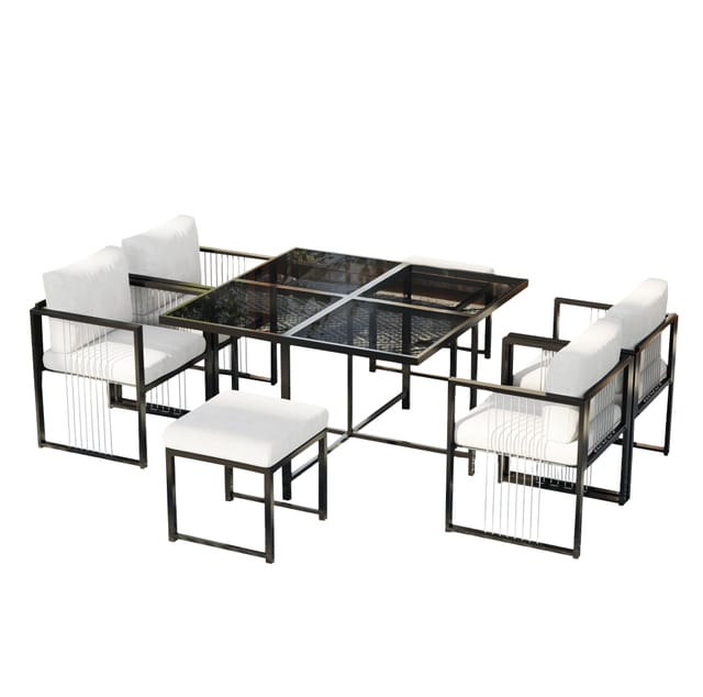7-teiliges Outdoor-essset Für 6 Personen Mit Tisch Aus Gehärtetem Glas