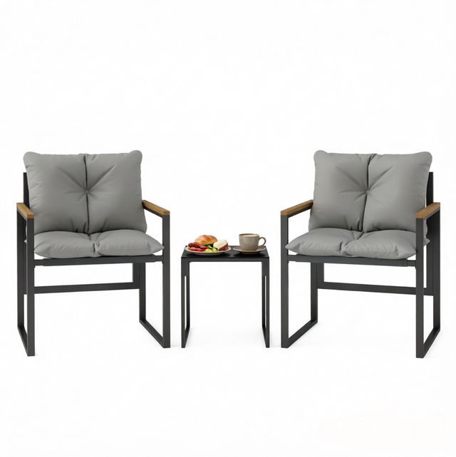 3-teiliges Gartenmöbel-set Mit 2 Sesseln Und 1 Tisch, Schwarz/grau, Metall Und Sicherheitsglas