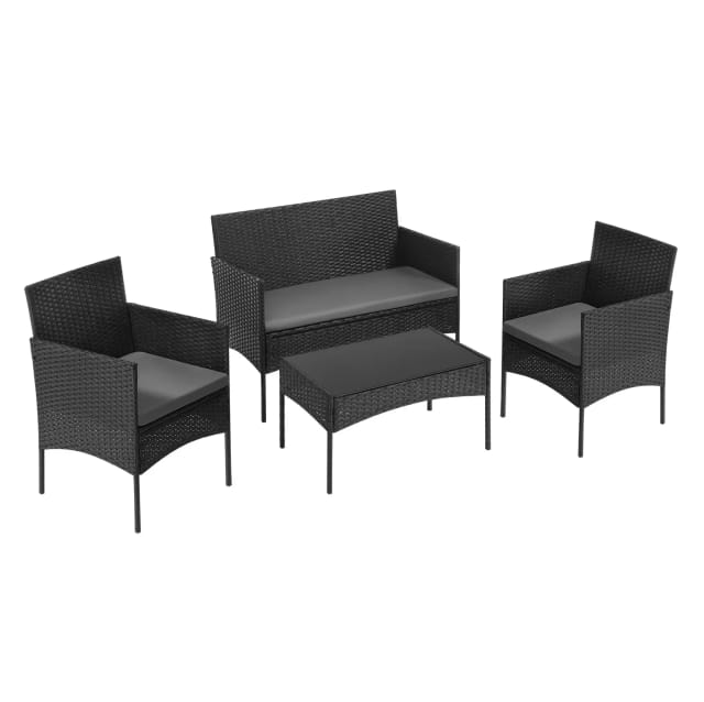 4-teiliges Gartenmöbel-set Aus Schwarzem Pe-rattan Mit Tisch Aus Gehärtetem Glas
