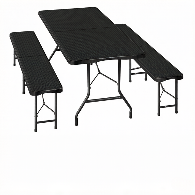 Klappbares Gartenmöbel-set Aus Hdpe Und Metall, Schwarz, Tisch 180 X 74 X 70 Cm Mit 2 Bänken