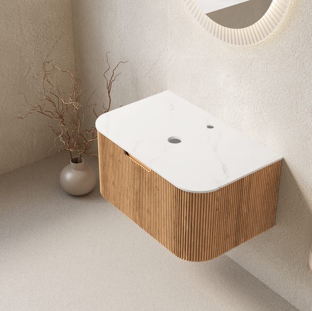 Hängender Badunterschrank Dina 61 Cm Mit Carrara-weißer Abdeckplatte Und Sperrholzschublade