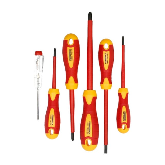 Ferrestock Fskdes106e Set De 6 Schraubendreher Mit Griff Und Isoliertem Schaft (vde) Nach Standard Iec 60900, Aus Hochwertigem De Legiertem Stahl De, Bis 1000v, Inkl. Einem Schraubendreherpicker De 14
