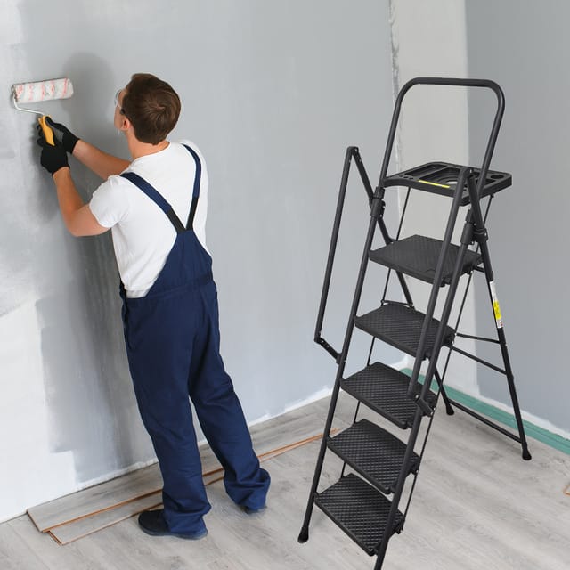 Klappbare 5-stufen-stehleiter Mit Werkzeugablage Und Handläufen, Stahl, Schwarz, 174 Cm