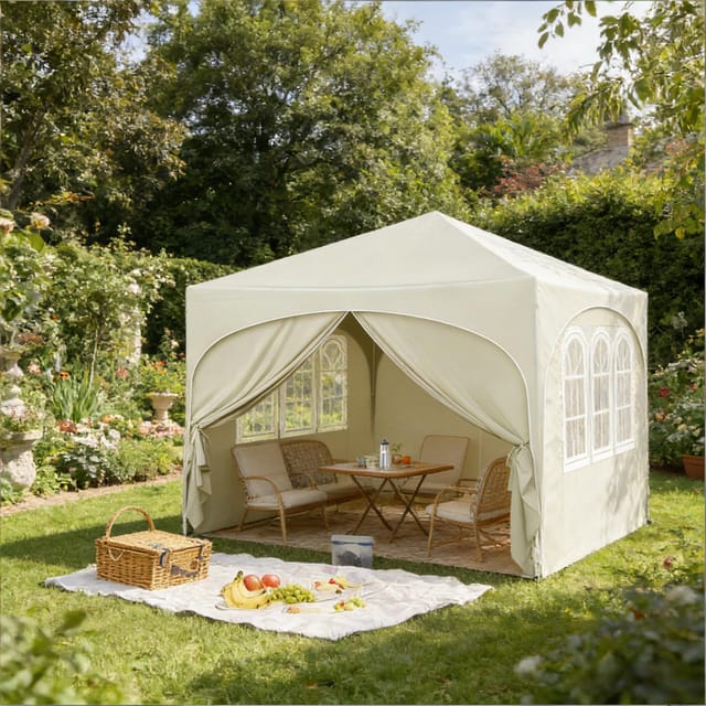 Faltbarer Gartenpavillon 3 X 3 M, Beige, Oxford-gewebe 210d, Eisengestell, Tragetasche