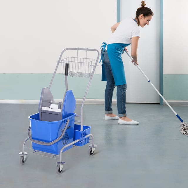 Redom Reinigungswagen 25 L Mit Presse, Korb, Haken Und 4 Rollen, Blau