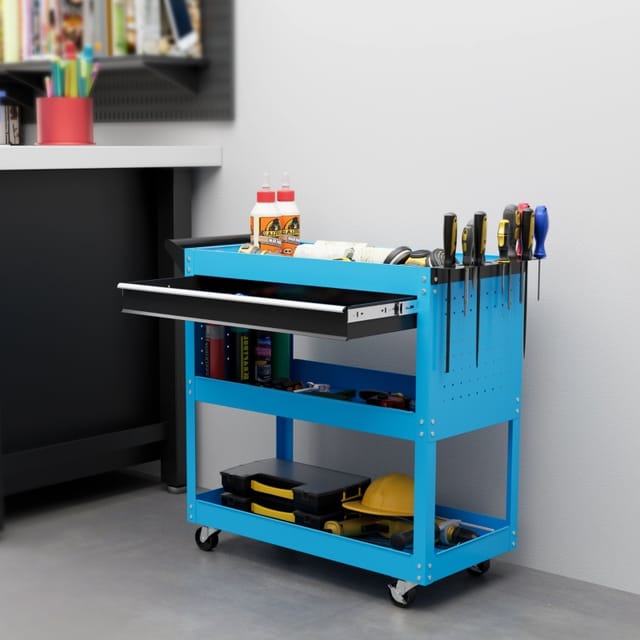 Werkzeugwagen Mit 3 Ebenen Und Schublade, 4 Rollen, 82 X 35 X 76 Cm, Stahl, Blau