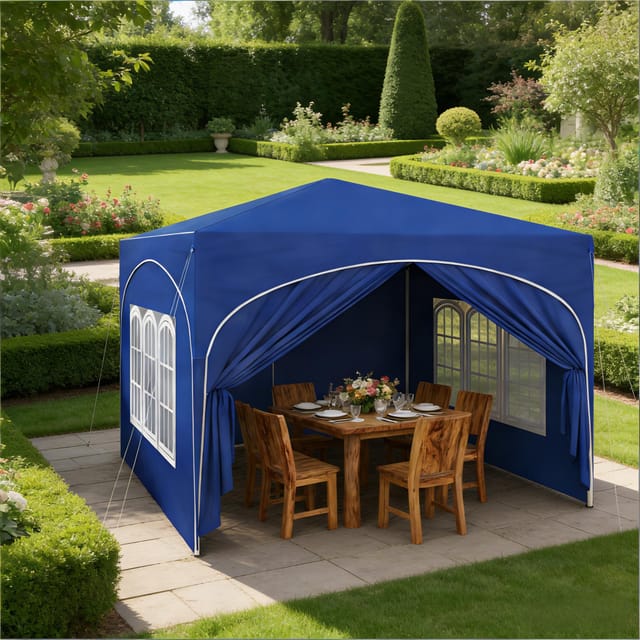 Faltbarer Gartenpavillon 3 X 3 M, Blau, Mit Seitenwänden Und Eisengestell, Redom