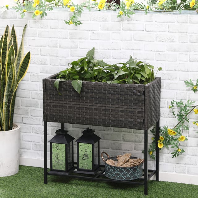 Hochbeet Aus Polyrattan Mit Beinen Und Ablage, 70 X 30 X 72 Cm, Braun
