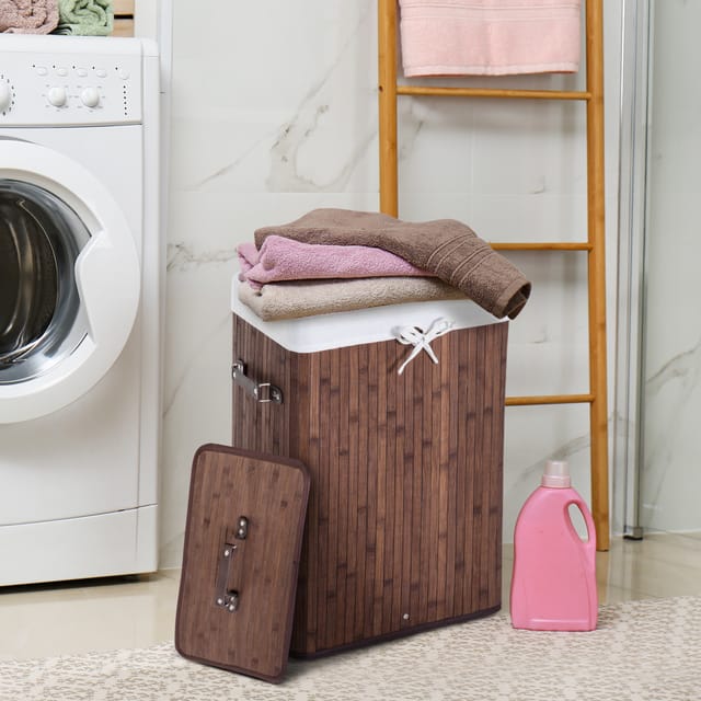 Faltbarer Wäschekorb Mit Deckel, 72 L, Bambus Und Stoff, 40 X 30 X 60 Cm, Dunkelbraun