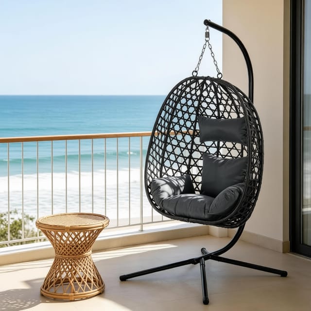 Hängesessel Mit Gestell, Höhenverstellbar, Pe-rattan, Dunkelgrau, 105 X 105 X 195 Cm