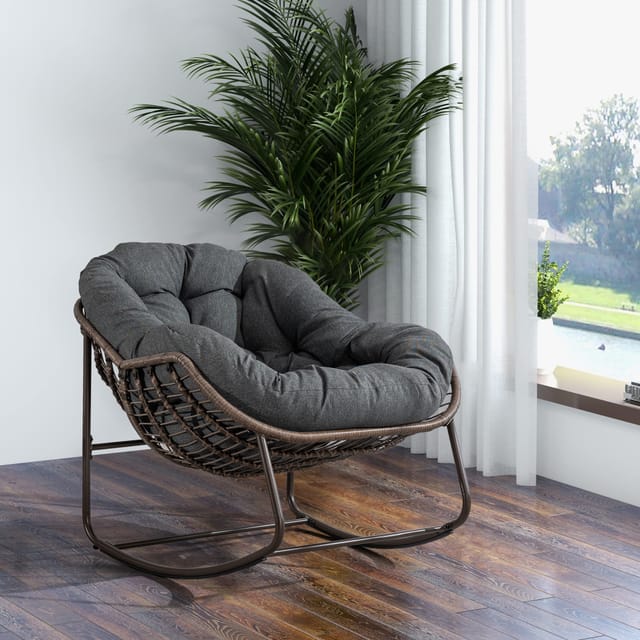 Outdoor-schaukelstuhl In Ei-form Aus Kunst-rattan Mit Dickem Kissen, Dunkelgrau