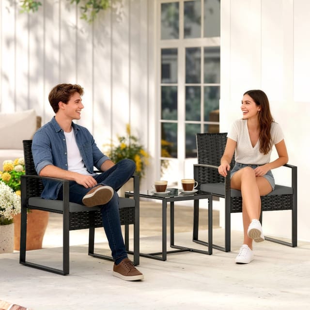 3-teiliges Gartenmöbel-set Aus Polyrattan Mit 2 Sesseln Und Tisch, Stahl, Dunkelgrau