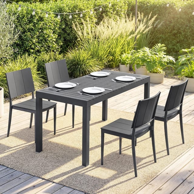 5-teiliges Gartenmöbel-set Mit Großem Rechteckigem Tisch Und 4 Stapelbaren Stühlen, Dunkelgrau
