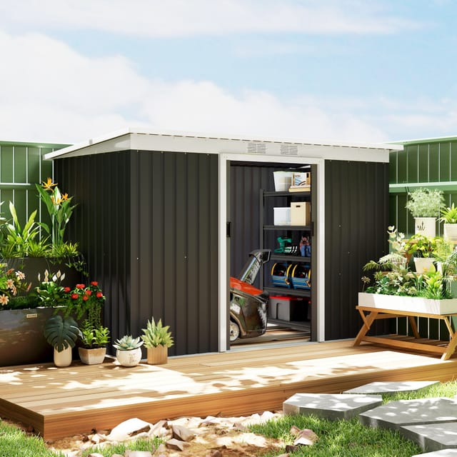 Gartenhaus Aus Stahl Mit Schiebetür Und Lüftungsöffnungen, 280 X 130 X 172 Cm, Dunkelgrau