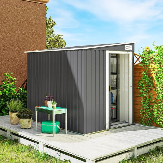 Metall-gerätehaus 154 X 206,5 X 181 Cm, Pultdach, Verzinkter Stahl, Dunkelgrau