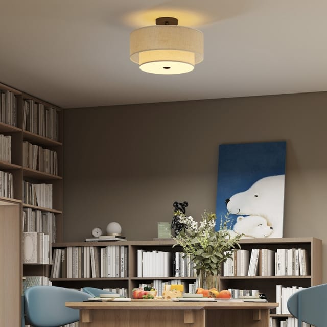 Runde Deckenleuchte Mit Doppeltem Schirm In Leinenoptik, Ø 40 Cm, Metall, Cremeweiß