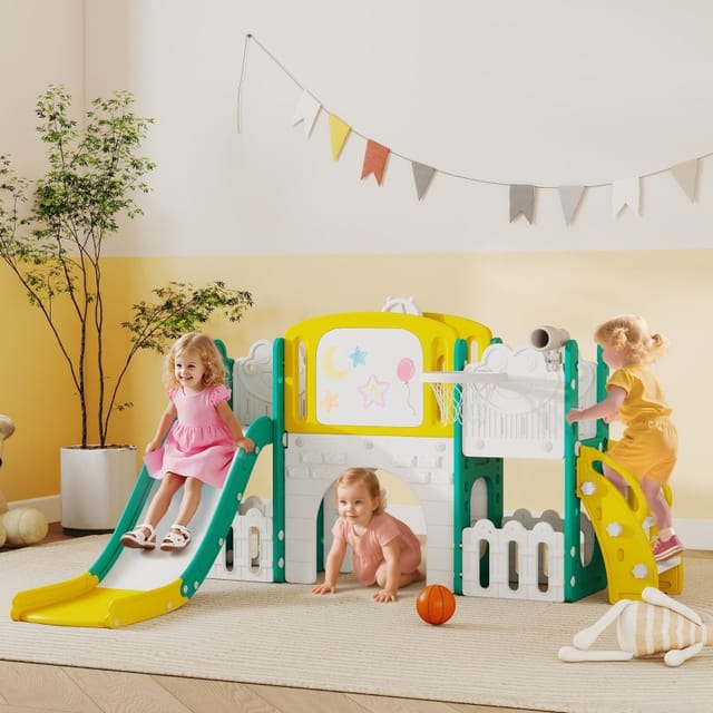 Redom 7-in-1-kinderrutsche Mit Basketballkorb Und Kletterwand, Gelb-grün