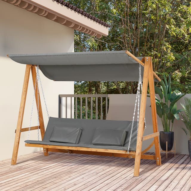 3-sitzer-gartenschaukel Mit Liegefunktion Und Verstellbarem Dach, Holz, Grau/teak, 225,5 Cm