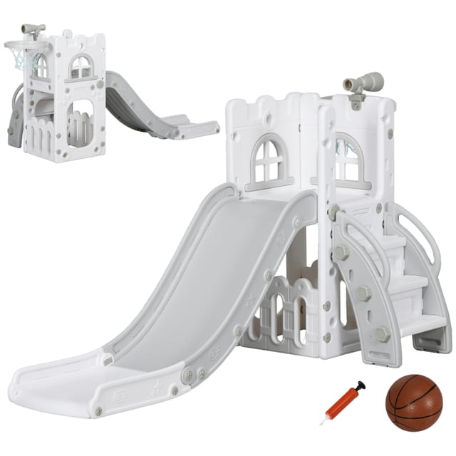 5-in-1-kinderrutsche Mit Basketballkorb Und Teleskop, Grau, 177 X 70 X 92 Cm