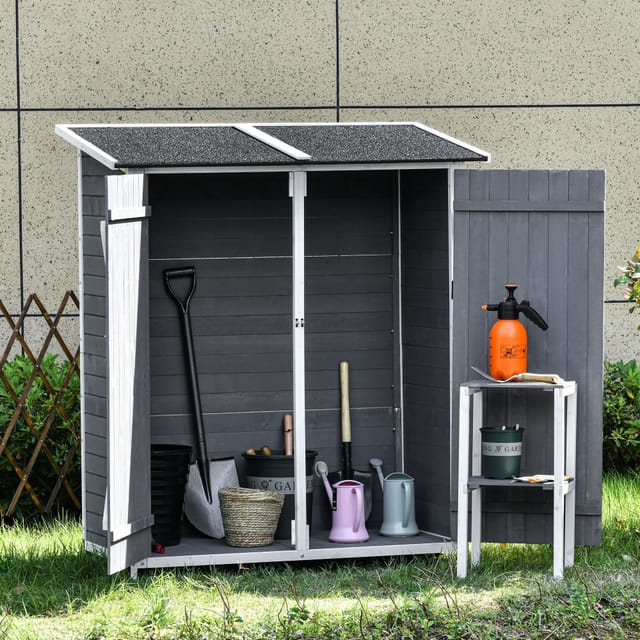 Redom Gartenschrank Aus Holz Mit 2 Türen, Pultdach Und Ablage, 139 X 75 X 160 Cm, Grau-weiß