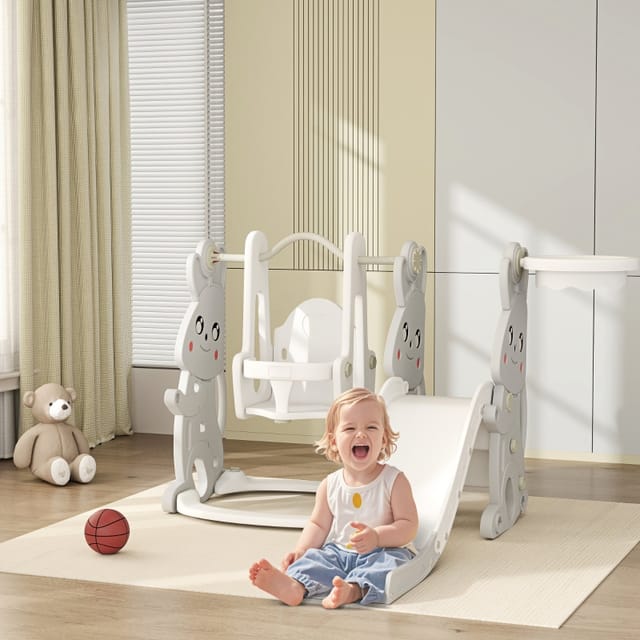 4-in-1-kinderrutsche Mit Schaukel, Kletterelement Und Basketballkorb, Grau, 1,5–4 Jahre