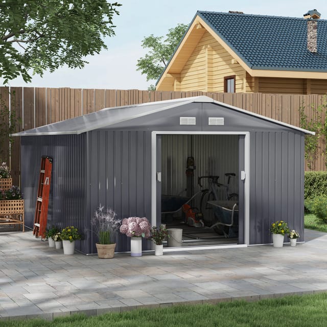 Metall-gartenhaus Anthrazit Mit Fundament, 340 X 386 X 200 Cm, Stahl
