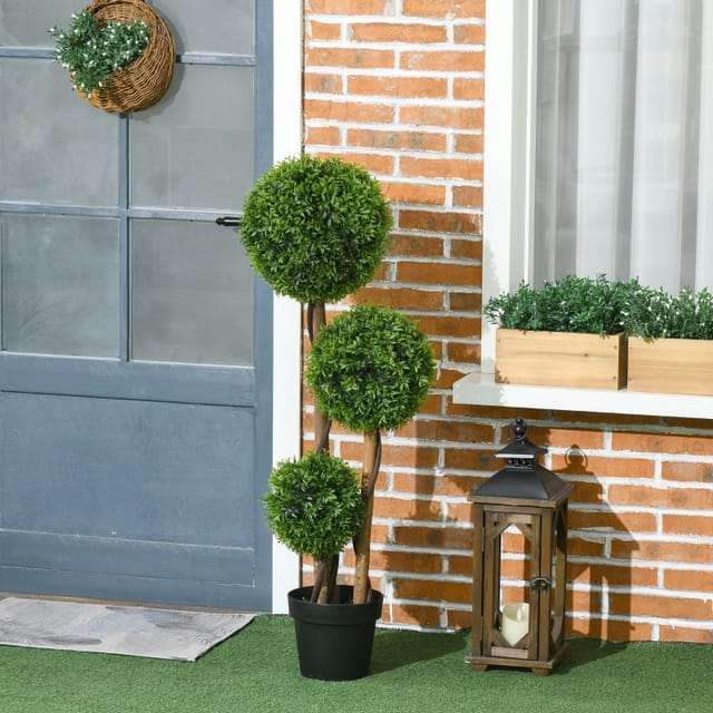 Künstlicher Buchsbaum Mit 3 Kugeln, 110 Cm, Uv-beständiges Pe, Grün, Mit Topf