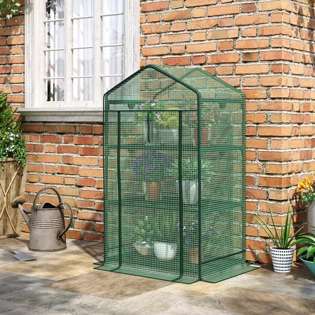 Mini-gewächshaus Mit Pe-abdeckung, 3 Regalböden, Rolltür, Grün, 69 X 49 X 125 Cm