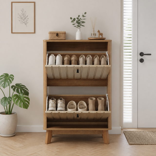 Schuhschrank 60 Cm In Eichenoptik Mit Besonders Flacher Klappe, Mdf Und Spanplatte