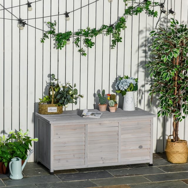 Redom Garten-aufbewahrungsbox Aus Holz, Hellgrau, Mit Klappdeckel, 127 X 56 X 60 Cm