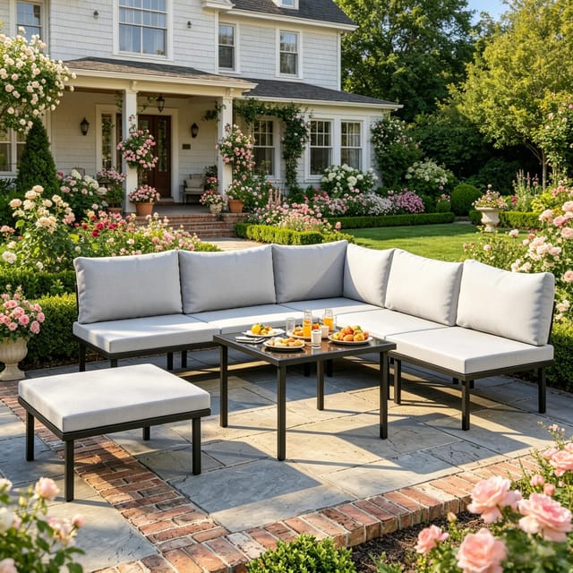 Modulare Gartenmöbel 6-teilig Aus Metall Und Gehärtetem Glas, Hellgrau/schwarz, Redom