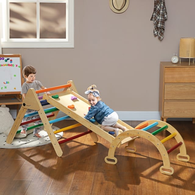 Redom 5-in-1-klettergerüst Für Kinder Mit Rampe Und Bogenbrücke, 18–48 Monate, Buntes Holz